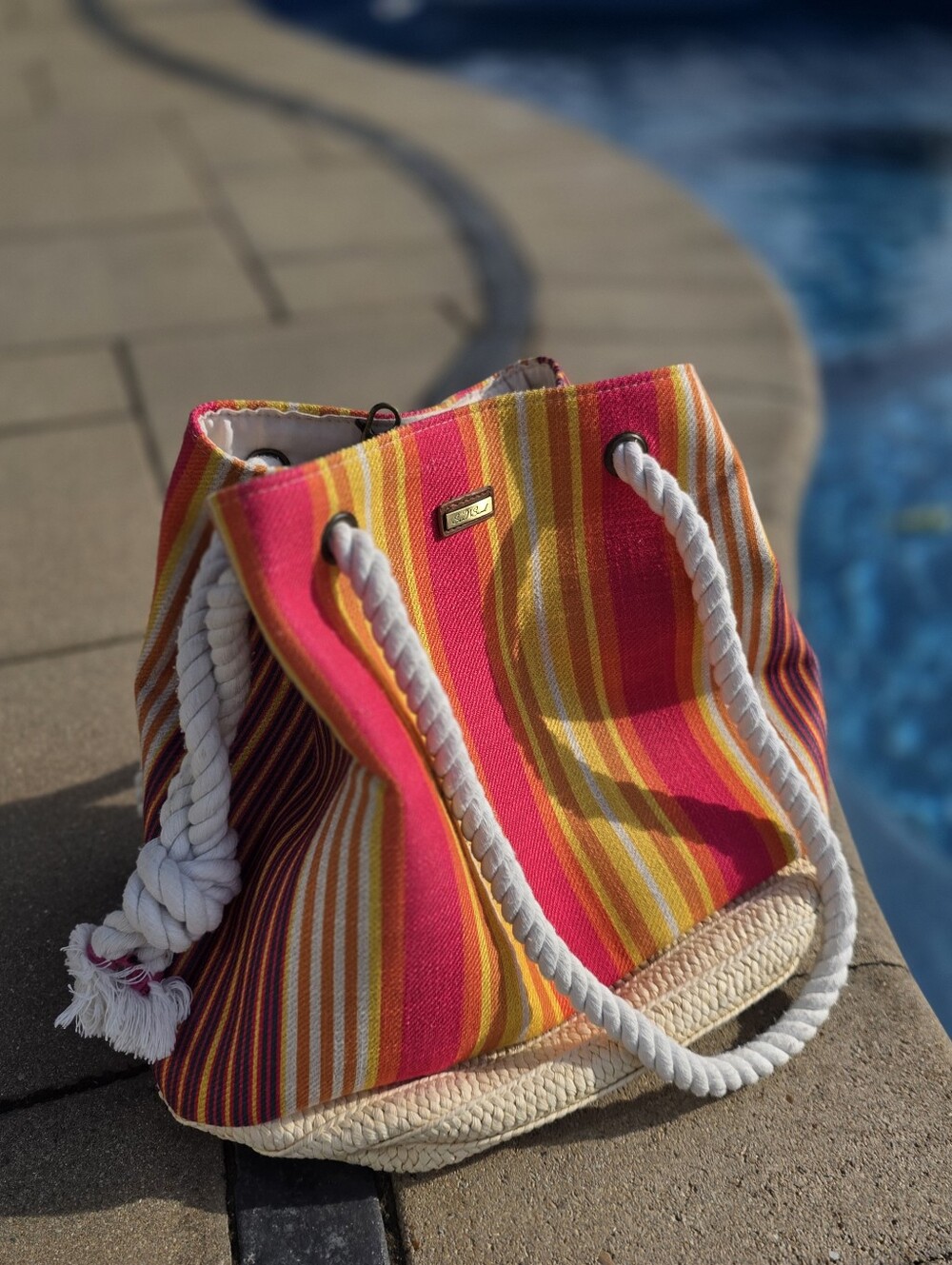 Sun 'N' Sand Vibrant Striped Beach Bag - Rope Handles & Straw Base - Picture 6 of 11